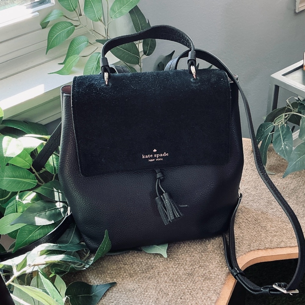 Kate Spade Black Suede and Pebbled Leather Purse and Backpack Gold Logo